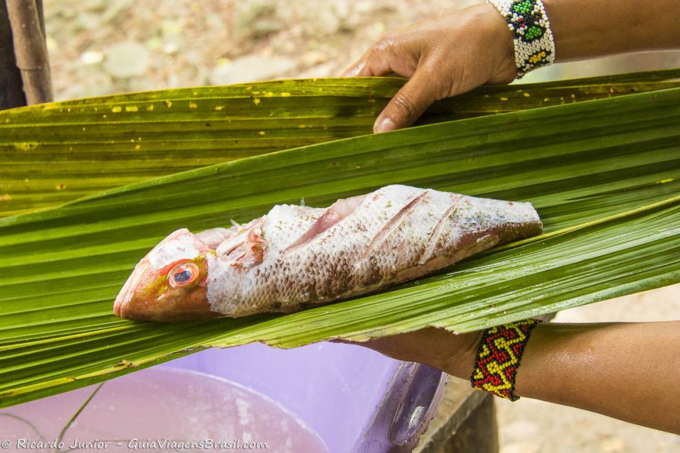 Imagem de um peixe na folha de bananeira.